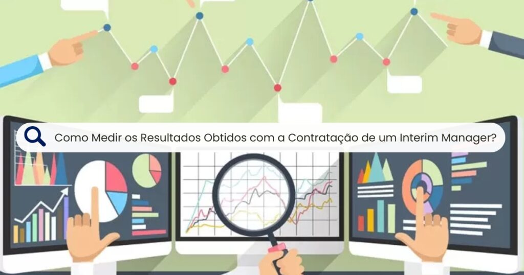 animação com ecrãs e gráficos com o título do artigo "como medir os resultados obtidos com a contratação de um interim manager " no centro